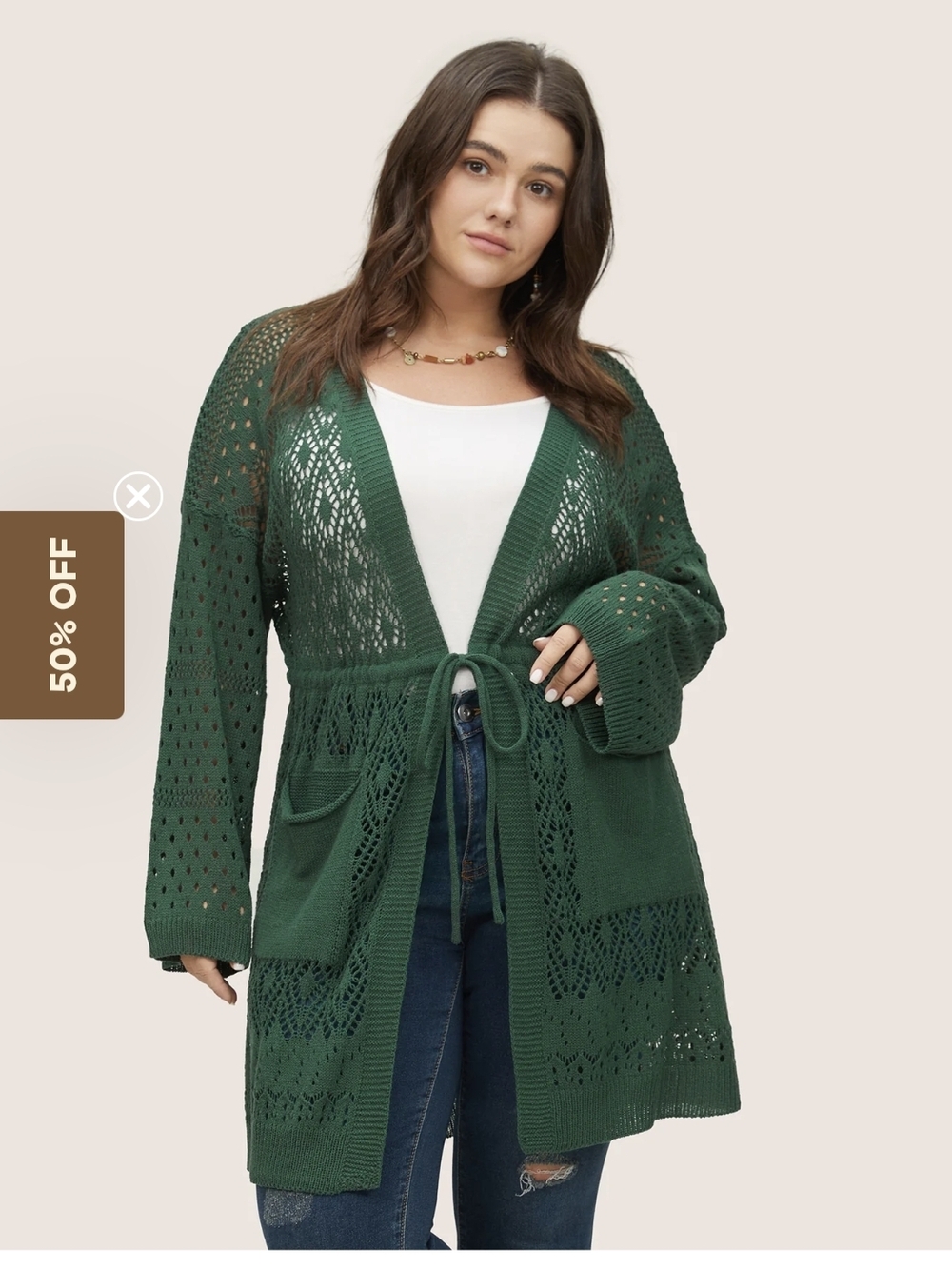 BloomChic Open-Knit Long Cardigan in Deep Green